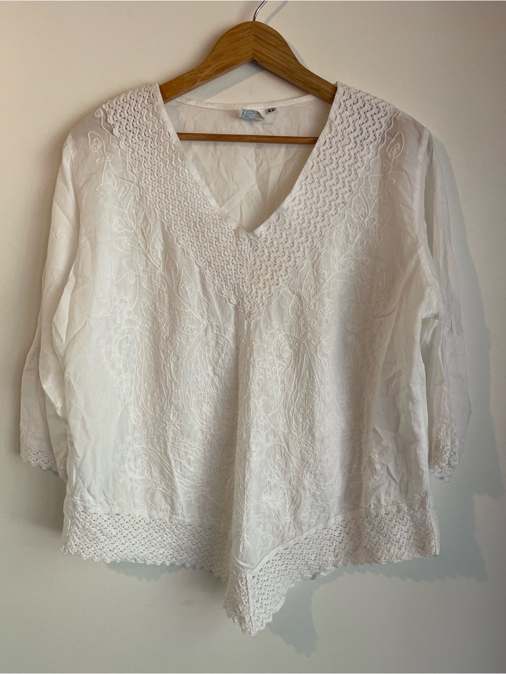 Asha White Embroidered Crochet Lace V-Neck Tunic Top XL Boho Handcrafted Look